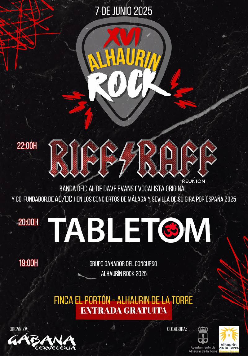 Cartel promocional del XVI Festival Alhaurín Rock 2025 con fechas, bandas participantes y ubicación en Finca El Portón, Alhaurín de la Torre.