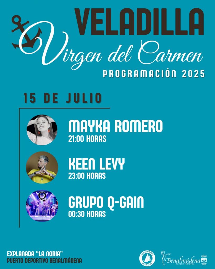 Cartel de la Veladilla del Carmen 2025 en Benalmádena Costa con fechas, artistas y ubicación en el Puerto Deportivo