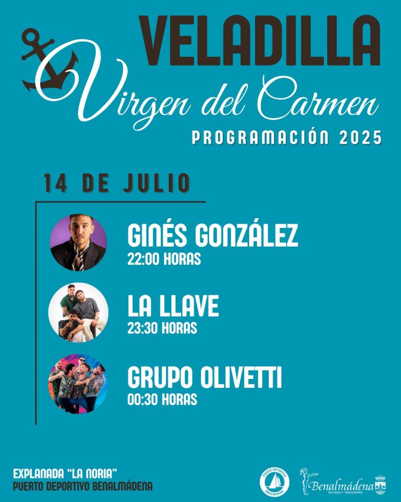Cartel de la Veladilla del Carmen 2025 en Benalmádena Costa con fechas, artistas y ubicación en el Puerto Deportivo