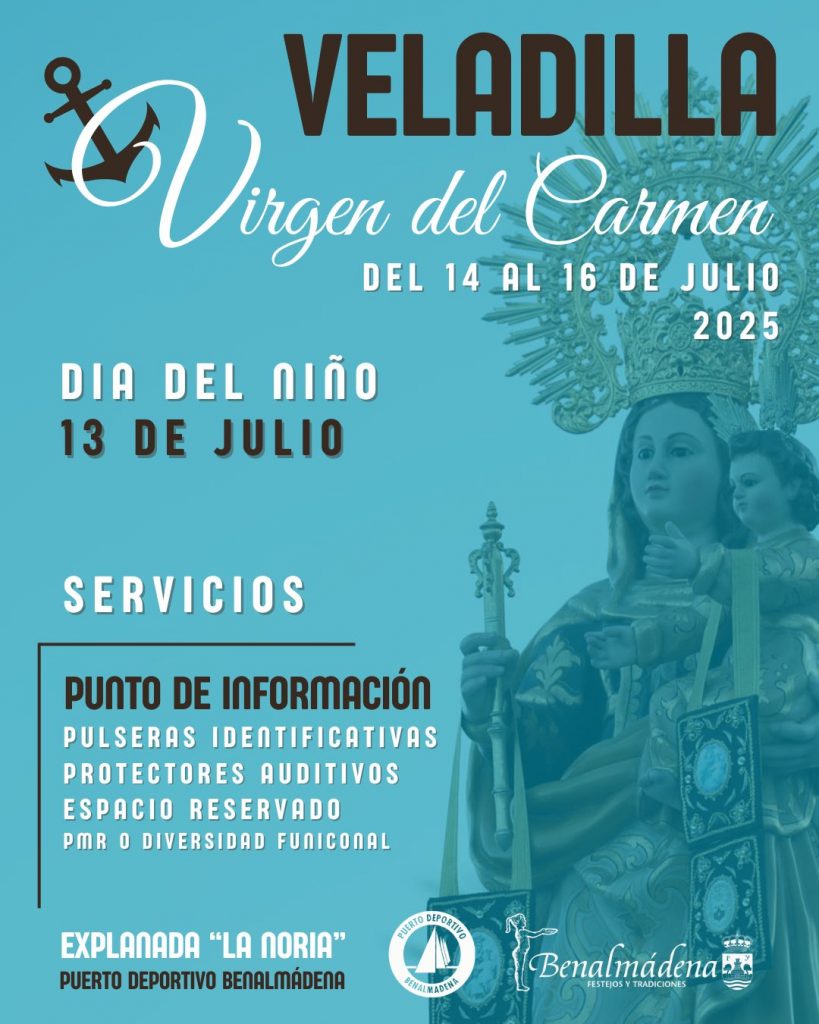 Cartel de la Veladilla del Carmen 2025 en Benalmádena Costa con fechas, artistas y ubicación en el Puerto Deportivo