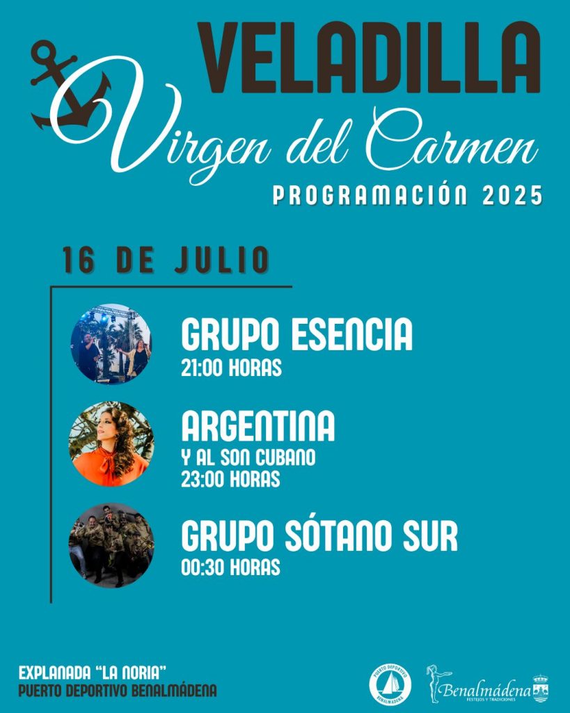 Cartel de la Veladilla del Carmen 2025 en Benalmádena Costa con fechas, artistas y ubicación en el Puerto Deportivo