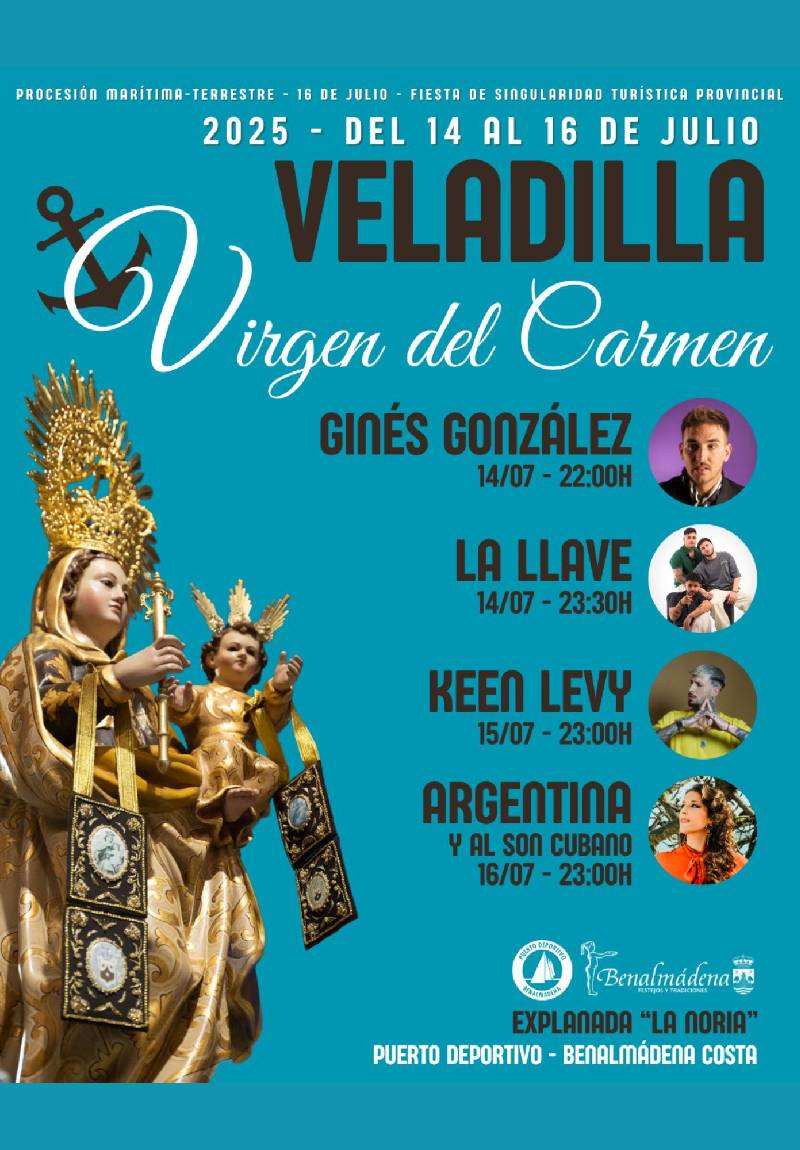 Cartel de la Veladilla del Carmen 2025 en Benalmádena Costa con fechas, artistas y ubicación en el Puerto Deportivo