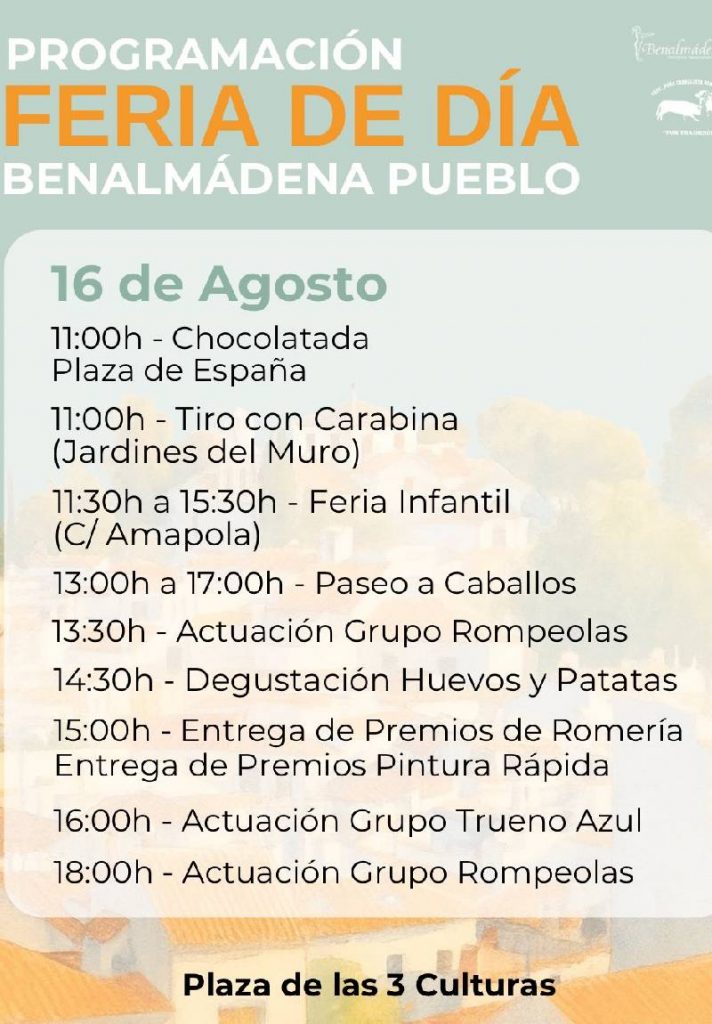 Cartel oficial de la Feria de la Virgen de la Cruz 2025 en Benalmádena Pueblo, con programación, fechas, conciertos gratuitos y actividades del 13 al 17 de agosto.