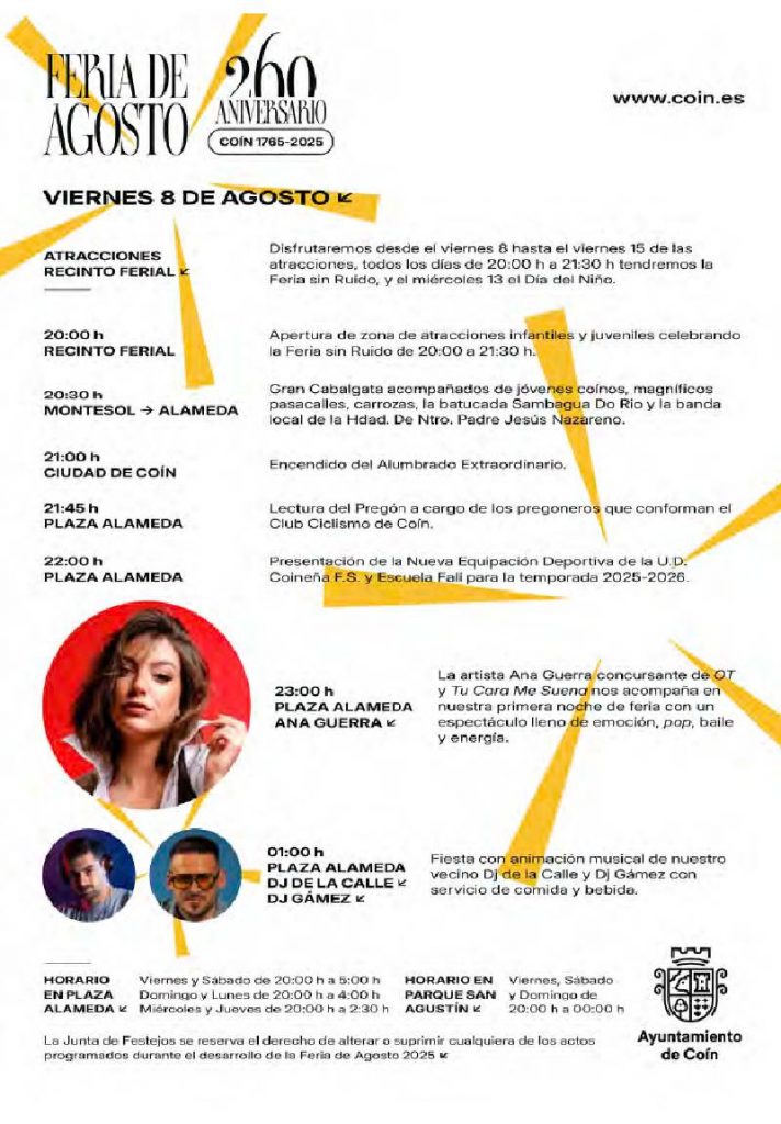 Feria de Agosto de Coín 2025 con más de 15 artistas en directo en honor a la Virgen de la Fuensanta