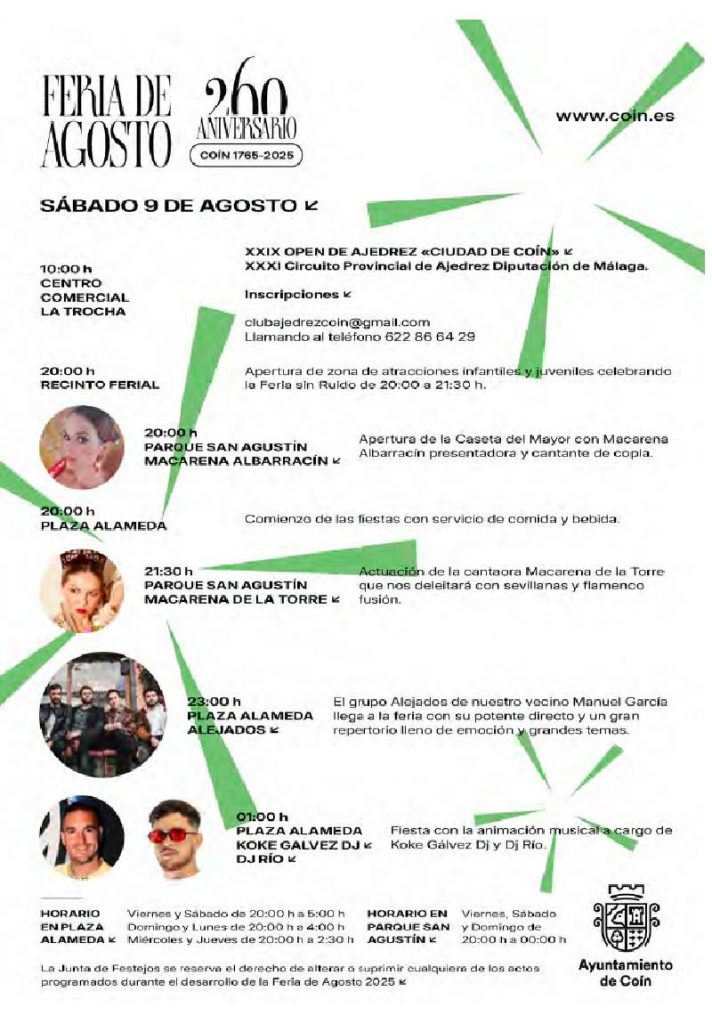 Feria de Agosto de Coín 2025 con más de 15 artistas en directo en honor a la Virgen de la Fuensanta