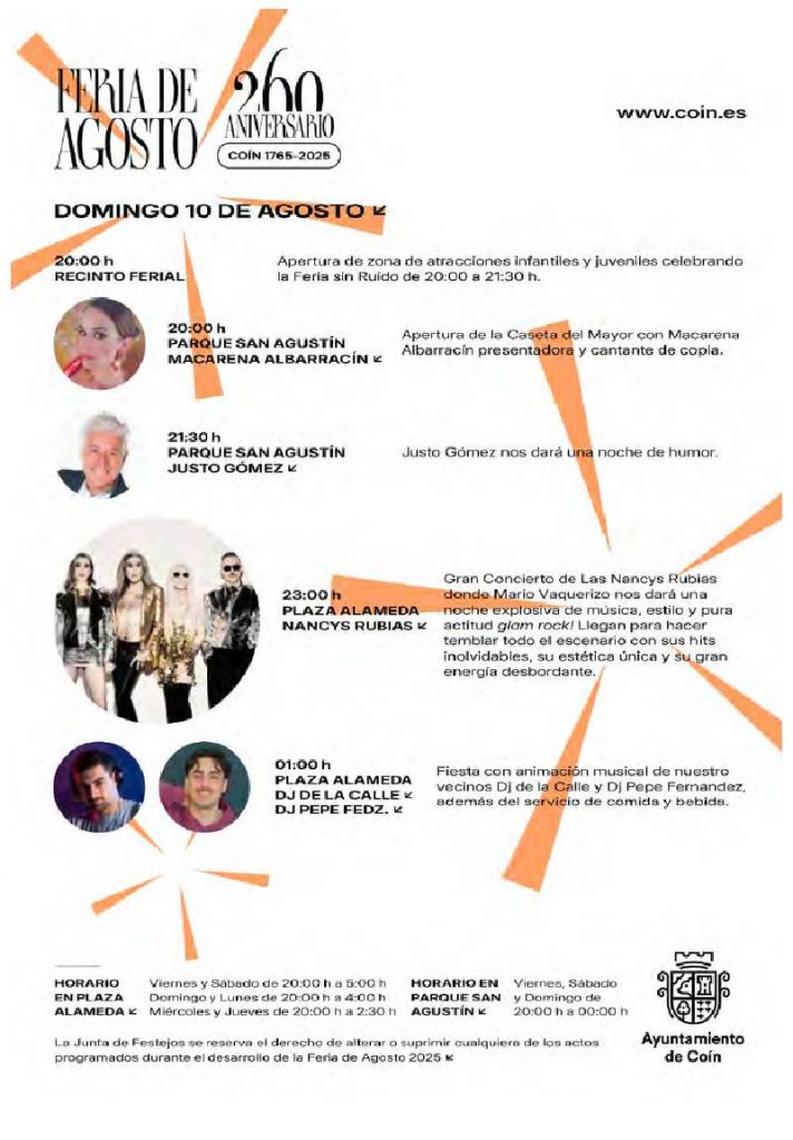 Feria de Agosto de Coín 2025 con más de 15 artistas en directo en honor a la Virgen de la Fuensanta