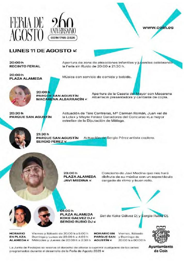 Feria de Agosto de Coín 2025 con más de 15 artistas en directo en honor a la Virgen de la Fuensanta