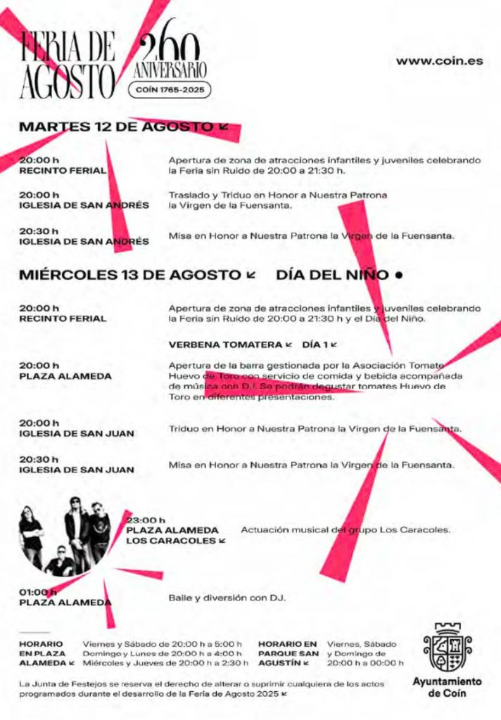 Feria de Agosto de Coín 2025 con más de 15 artistas en directo en honor a la Virgen de la Fuensanta