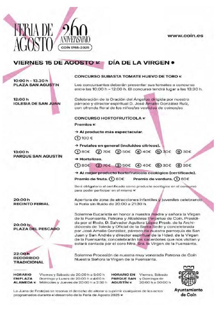 Feria de Agosto de Coín 2025 con más de 15 artistas en directo en honor a la Virgen de la Fuensanta