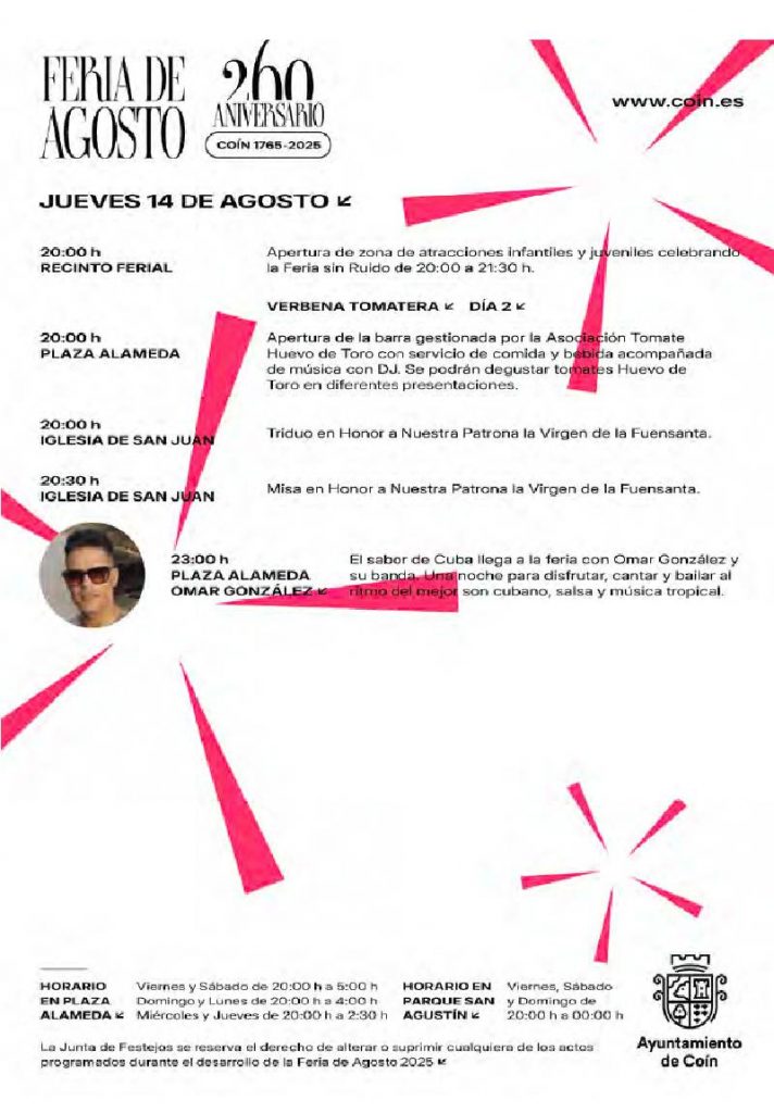 Feria de Agosto de Coín 2025 con más de 15 artistas en directo en honor a la Virgen de la Fuensanta