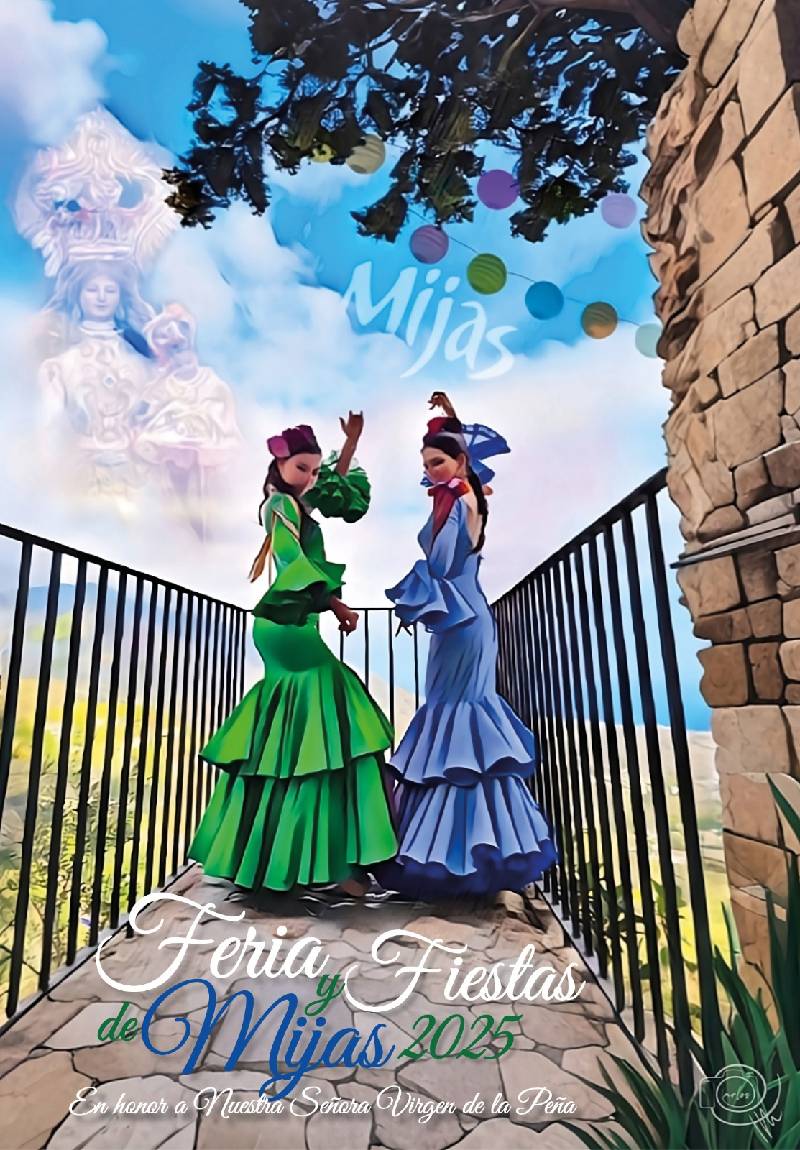 Cartel oficial de la Feria de Mijas Pueblo 2025 del 6 al 11 de septiembre en Mijas, Málaga, con música en vivo, conciertos gratuitos, tradición andaluza y actividades familiares en la Costa del Sol