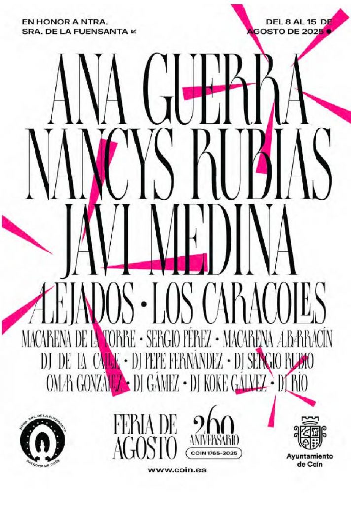 Feria de Agosto de Coín 2025 con más de 15 artistas en directo en honor a la Virgen de la Fuensanta