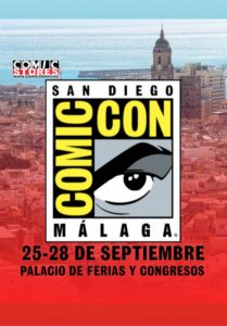 Cartel oficial de la San Diego Comic-Con 2025 en Málaga, mostrando cómics, cosplay y videojuegos para fans de la cultura pop