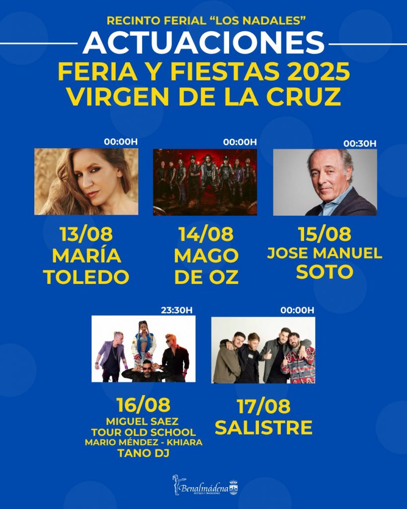 Cartel oficial de conciertos Feria de Benalmádena Pueblo 2025 con fechas, artistas confirmados y programación musical.