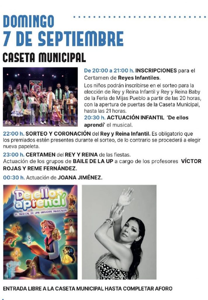 Programación oficial de la Feria de Mijas Pueblo 2025 del 6 al 11 de septiembre en Mijas, Málaga, con música en vivo, conciertos gratuitos, tradición andaluza y actividades familiares en la Costa del Sol