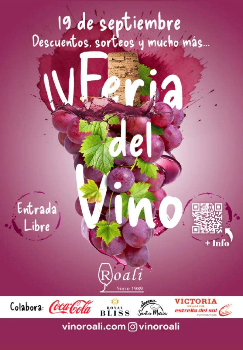 IV Feria del Vino Roali 2025 en Las Lagunas de Mijas, Málaga, con información sobre catas, sorteos y entrada gratuita.