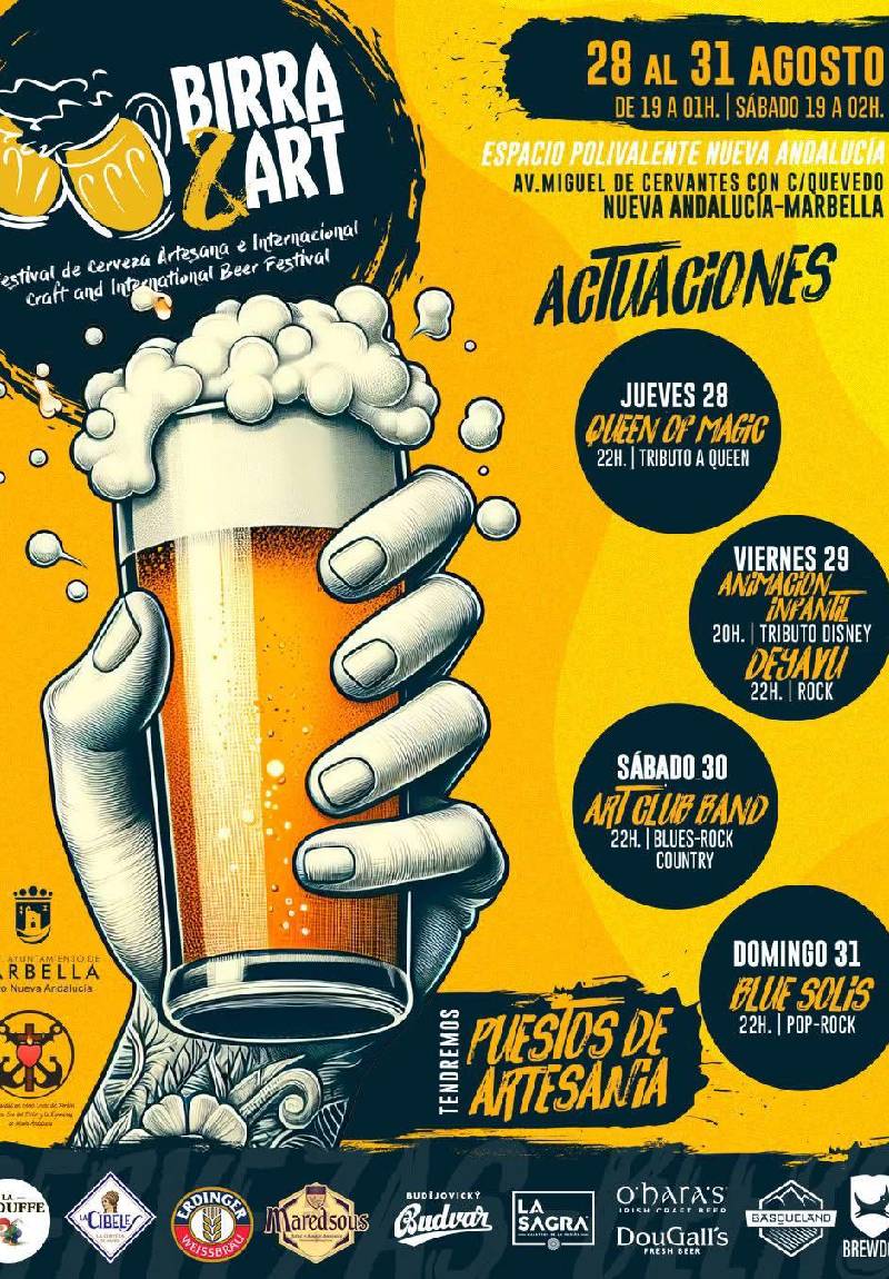 Cartel del Festival Birra&Art 2025 en Nueva Andalucía (Marbella): música en vivo, cerveza artesana y gastronomía, 28–31 de agosto.