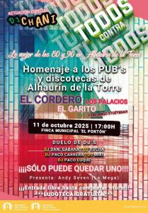 Cartel de la fiesta Todos contra Todos 2025 en Alhaurín de la Torre, homenaje a la movida de los 80 y 90 con Dj’s y entrada gratuita.