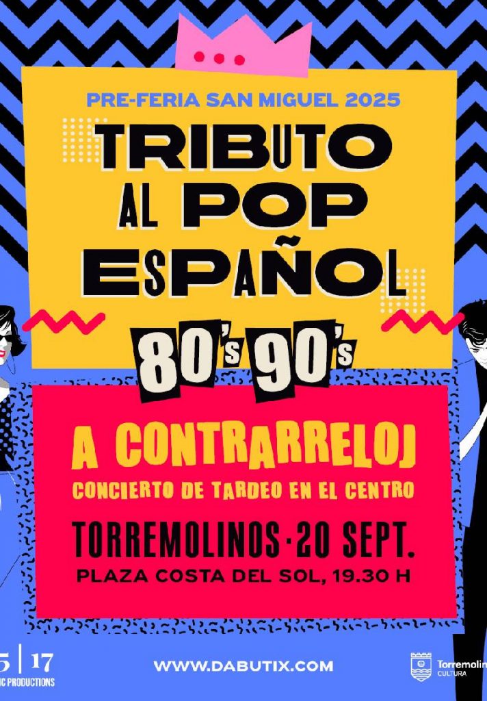 Cartel del concierto tributo al pop rock español 2025 en la Plaza Costa del Sol, Torremolinos, con la banda ‘A Contrarreloj’.