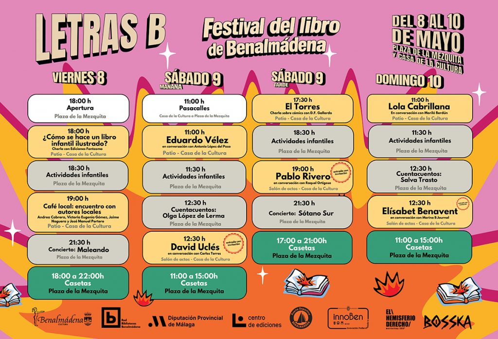 Cartel oficial con la programación del Festival Letras B 2026 en Benalmádena con fechas, autores y actividades.