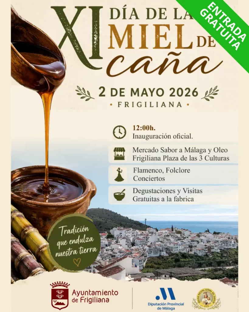 Cartel del XI Día de la Miel de Caña en Frigiliana con actividades, degustaciones y música el 2 de mayo