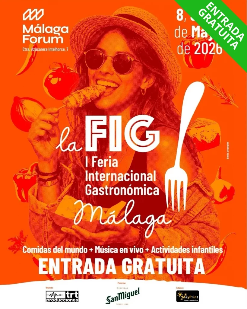 Cartel del FIG Málaga con gastronomía internacional, música y ambiente de festival del 8 al 10 de mayo