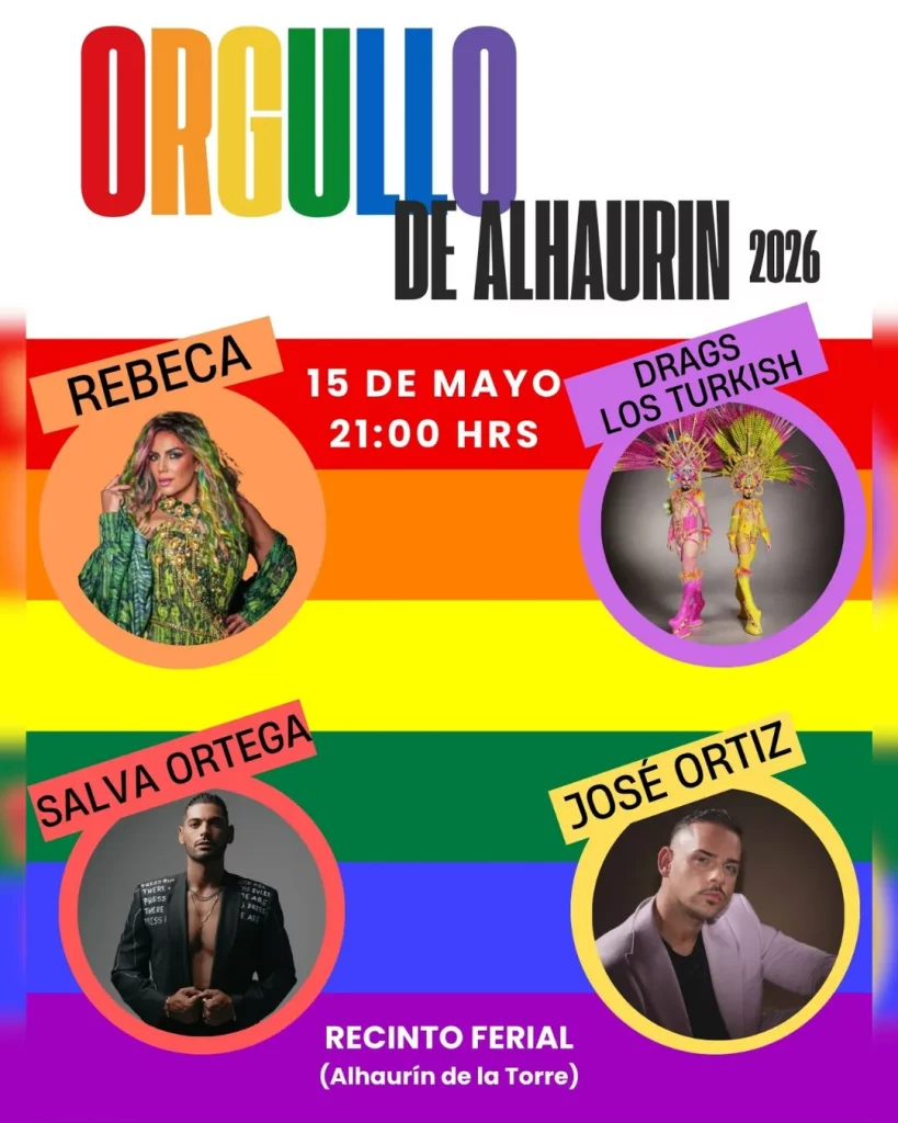Cartel y ambiente del Orgullo de Alhaurín 2026 en Alhaurín de la Torre con escenario y público.