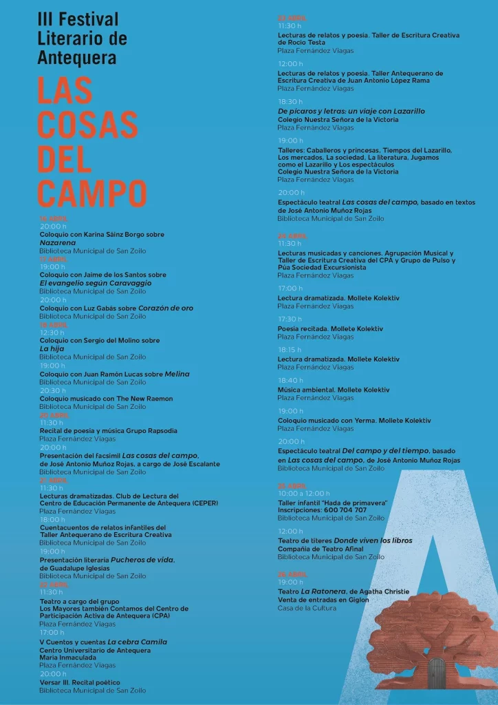 Cartel con la programación del Festival Literario Las Cosas del Campo Antequera 2026 con fechas, autores y actividades