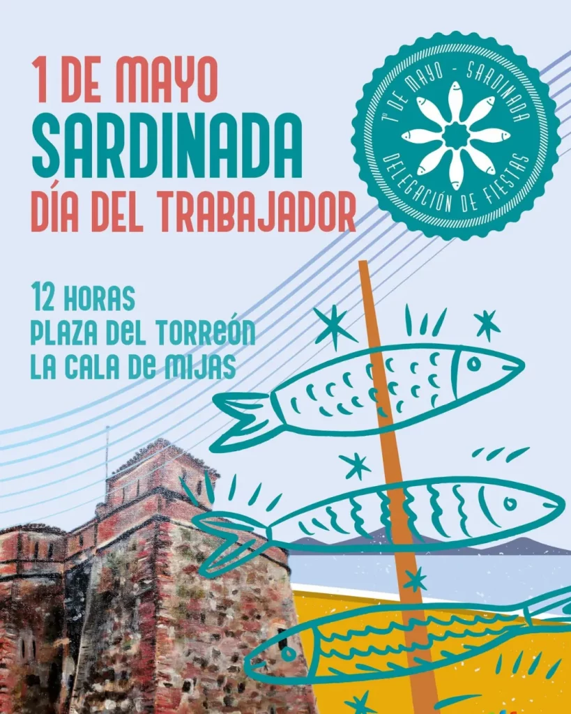 Anuncio de la Sardinada en La Cala de Mijas con espeteros preparando sardinas para el Día del Trabajador