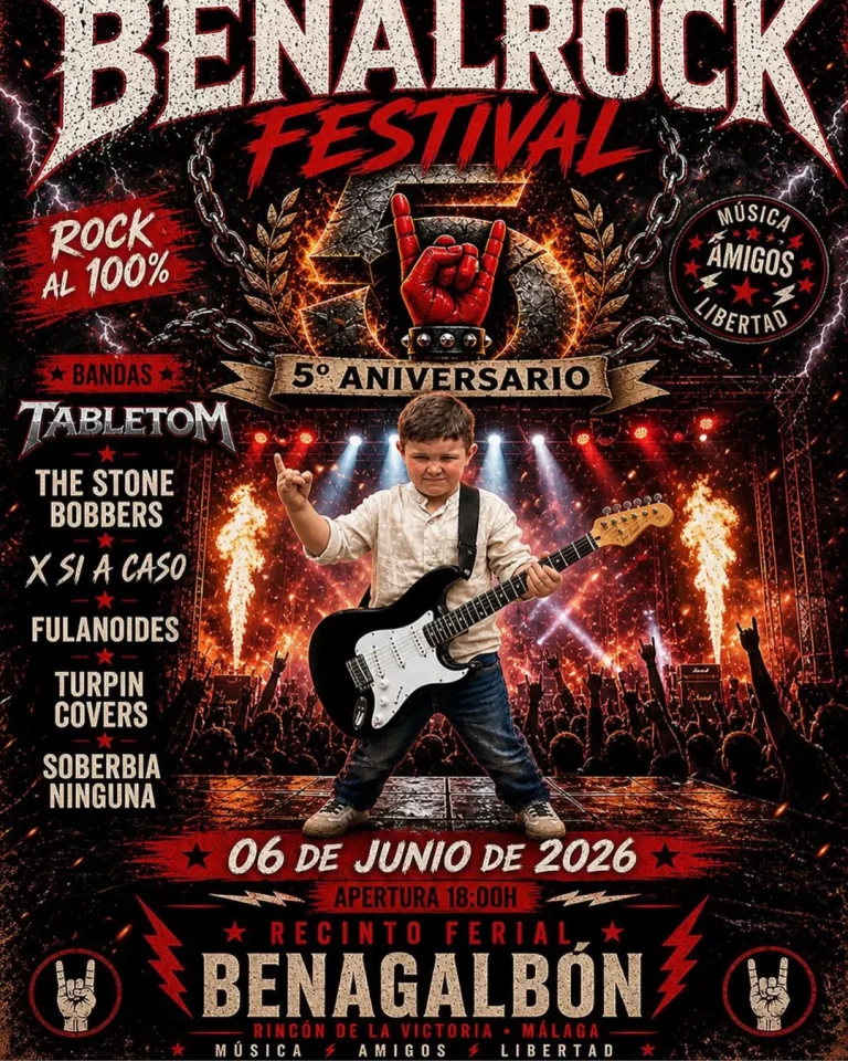 Cartel oficial del Benalrock 2026 en Benagalbón con conciertos de rock y música en directo