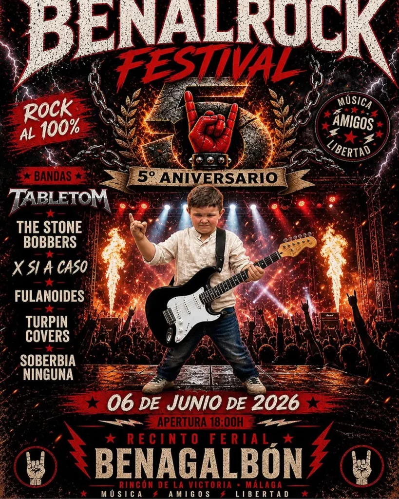 Cartel oficial del Benalrock 2026 en Benagalbón con conciertos de rock y música en directo