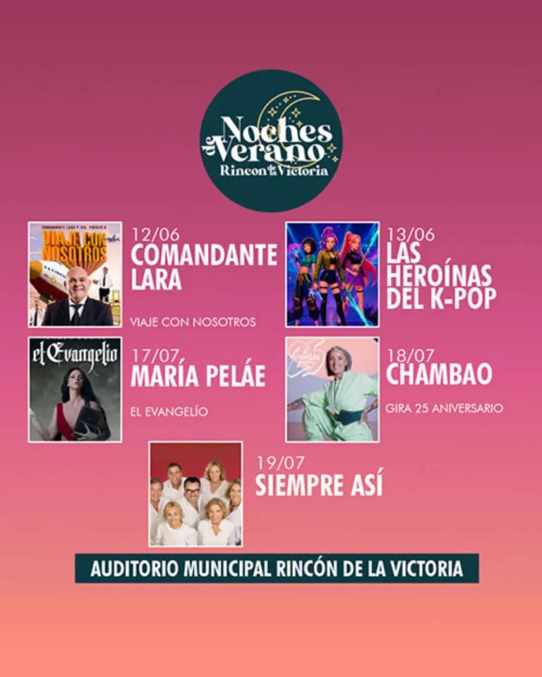 Cartel oficial Noches de Verano 2026 en Rincón de la Victoria con conciertos y humor en Málaga
