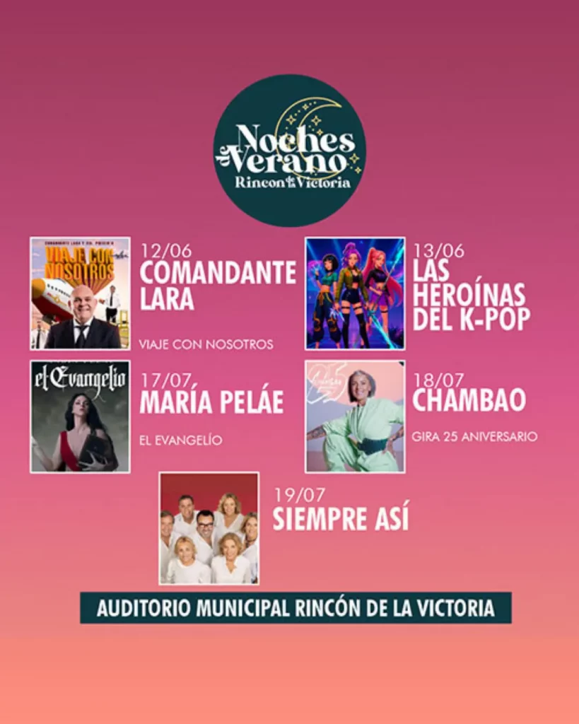 Cartel oficial Noches de Verano 2026 en Rincón de la Victoria con conciertos y humor en Málaga