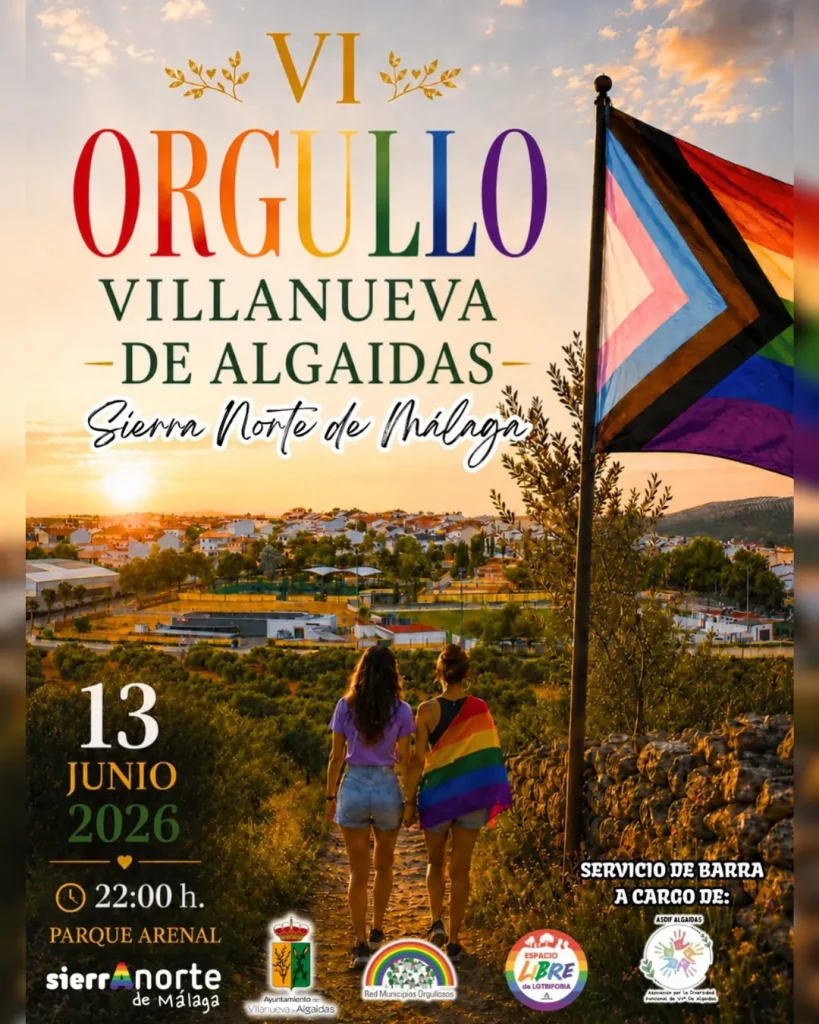 Cartel oficial VI Orgullo Villanueva de Algaidas 2026 en Málaga con celebración LGBTQ+ y música