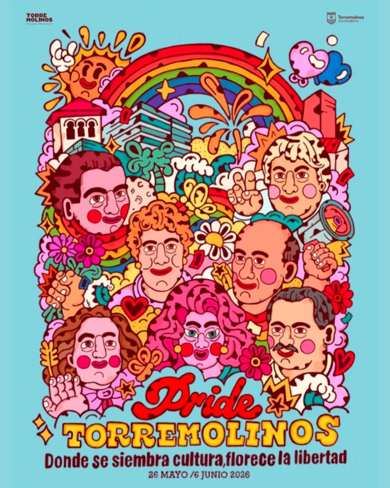 Cartel oficial Pride Torremolinos 2026 con homenaje cultural LGTBIQ+