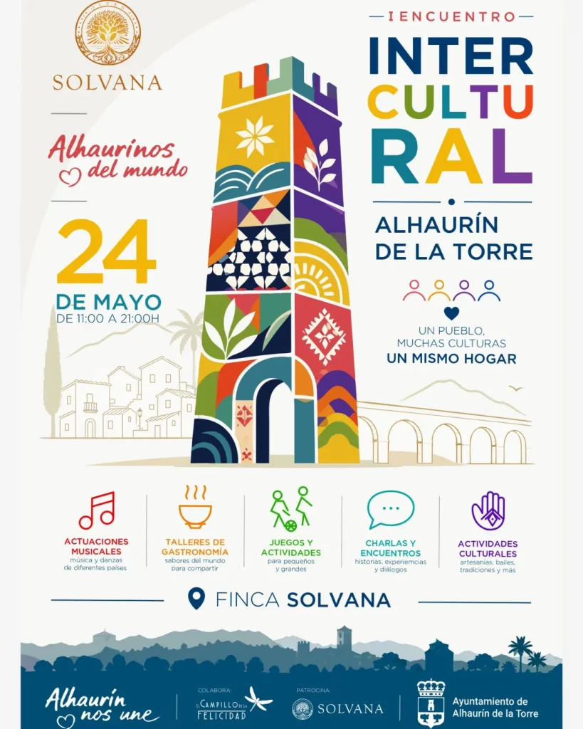 Cartel del I Encuentro Intercultural Alhaurín de la Torre con música, gastronomía internacional, talleres culturales y actividades sostenibles