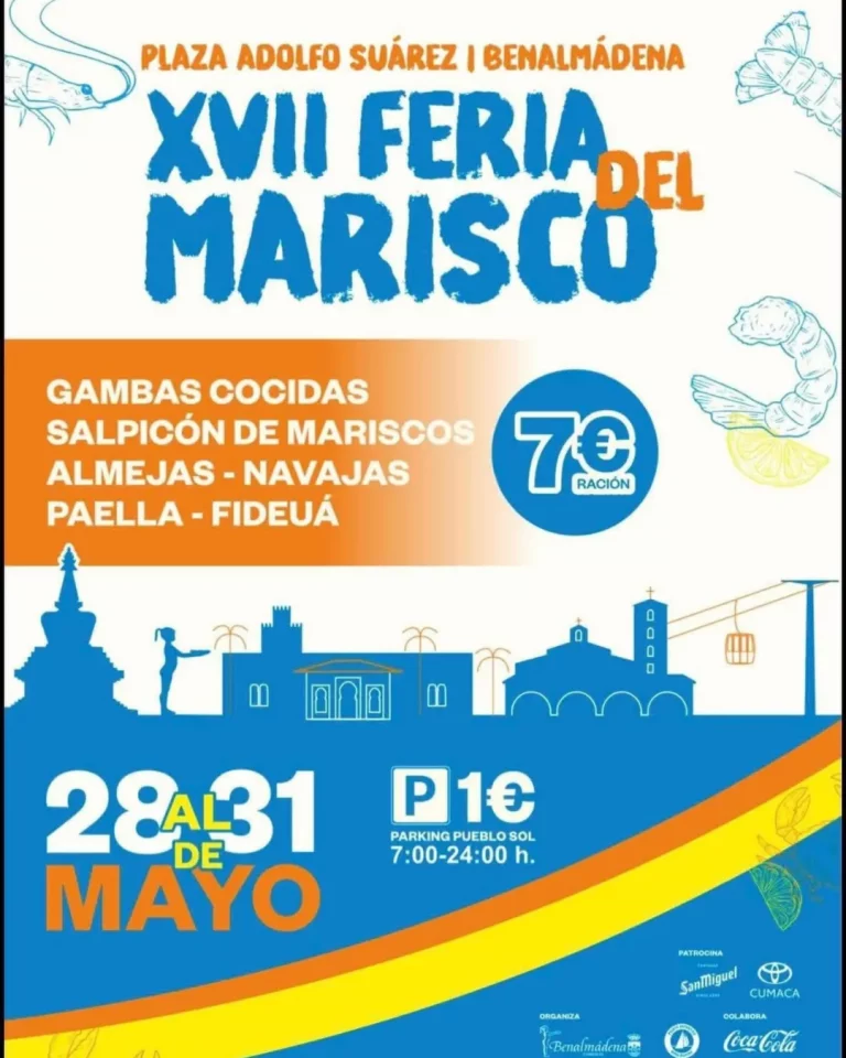 Cartel Feria del Marisco en Benalmádena con paella, gambas y marisco fresco