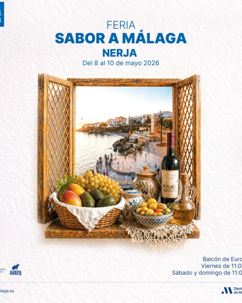 Cartel feria Sabor a Málaga en Nerja con productos locales y gastronomía