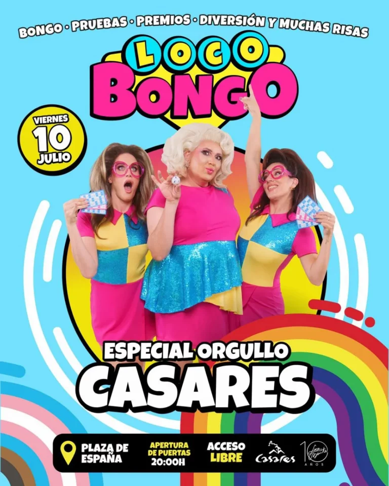 Cartel del Loco Bongo Especial Orgullo Casares con bingo musical, premios y evento gratuito en Plaza de España.