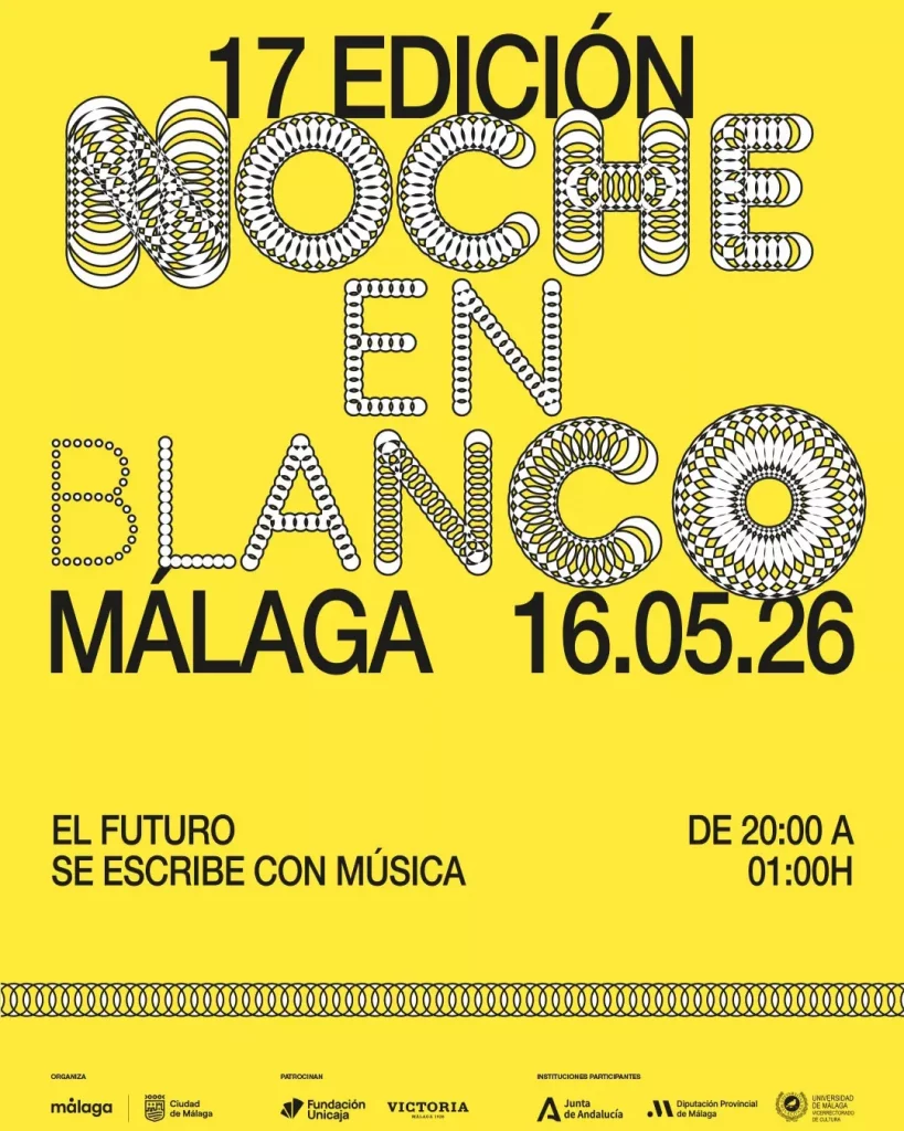 Cartel oficial de La Noche en Blanco Málaga 2026 con actividades culturales, conciertos y museos gratis