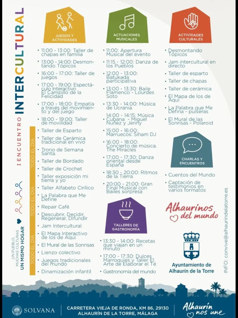 Programación del I Encuentro Intercultural Alhaurín de la Torre con horarios de actividades, música, talleres y gastronomía
