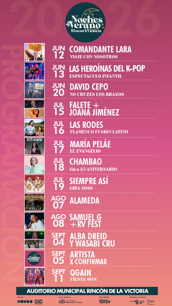 Programación oficial de Noches de Verano 2026 en Rincón de la Victoria con conciertos, humor y espectáculos en Málaga
