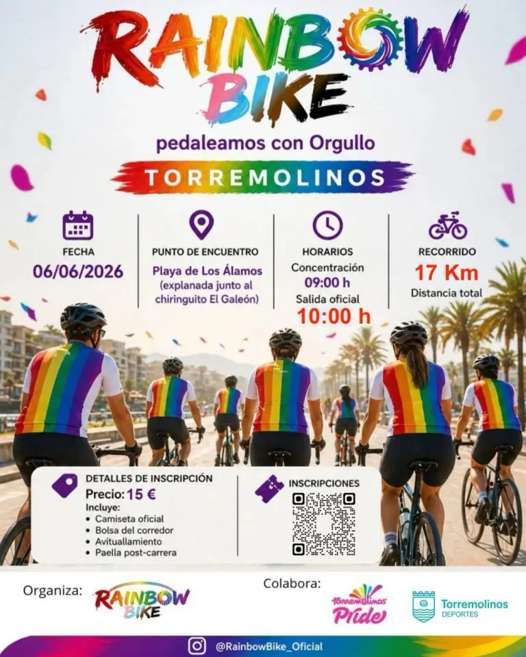 Cartel Rainbow Bike Torremolinos 2026 con ruta ciclista del Orgullo LGTBIQ+