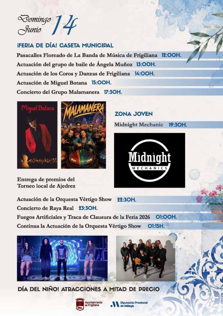 Programa Feria de Frigiliana 2026 domingo 14 de junio con Raya Real y fuegos artificiales