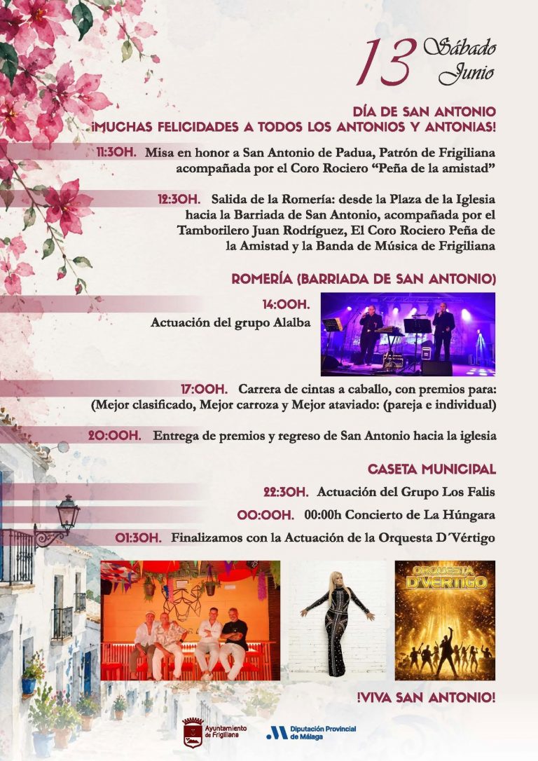 Programa Feria de Frigiliana 2026 sábado 13 de junio con La Húngara y romería de San Antonio