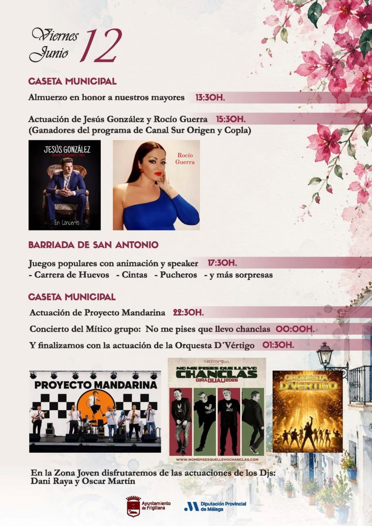 Programa Feria de Frigiliana 2026 viernes 12 de junio con No Me Pises Que Llevo Chanclas