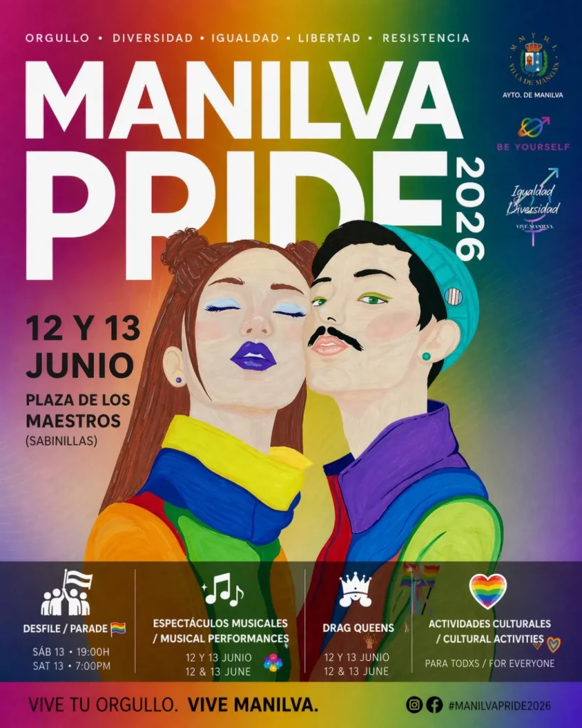 Cartel del Manilva Pride 2026 con programa de actividades, desfile y conciertos en Sabinillas