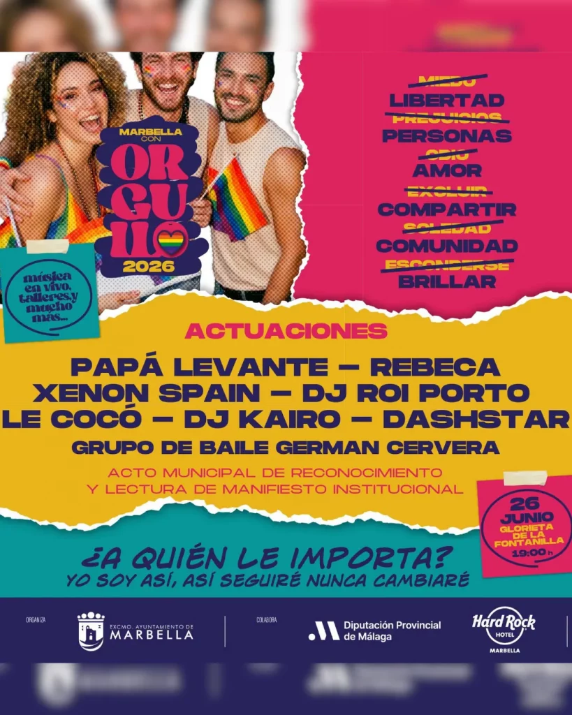 Marbella con Orgullo 2026 en la Glorieta de la Fontanilla con conciertos y espectáculos LGTBIQ+
