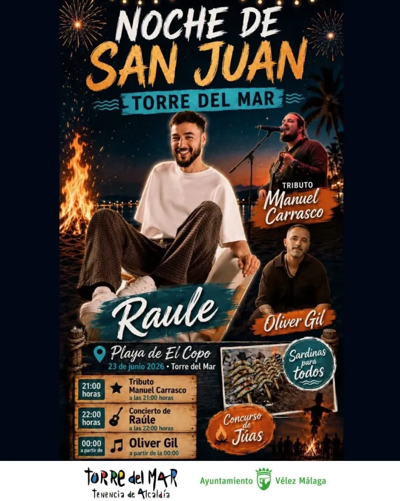 Cartel de la Noche de San Juan 2026 en Torre del Mar con conciertos, sardinada y fuegos artificiales