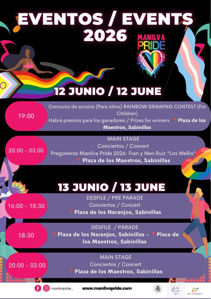 Cartel del Manilva Pride 2026 con programa completo de actividades, desfile y conciertos en Sabinillas